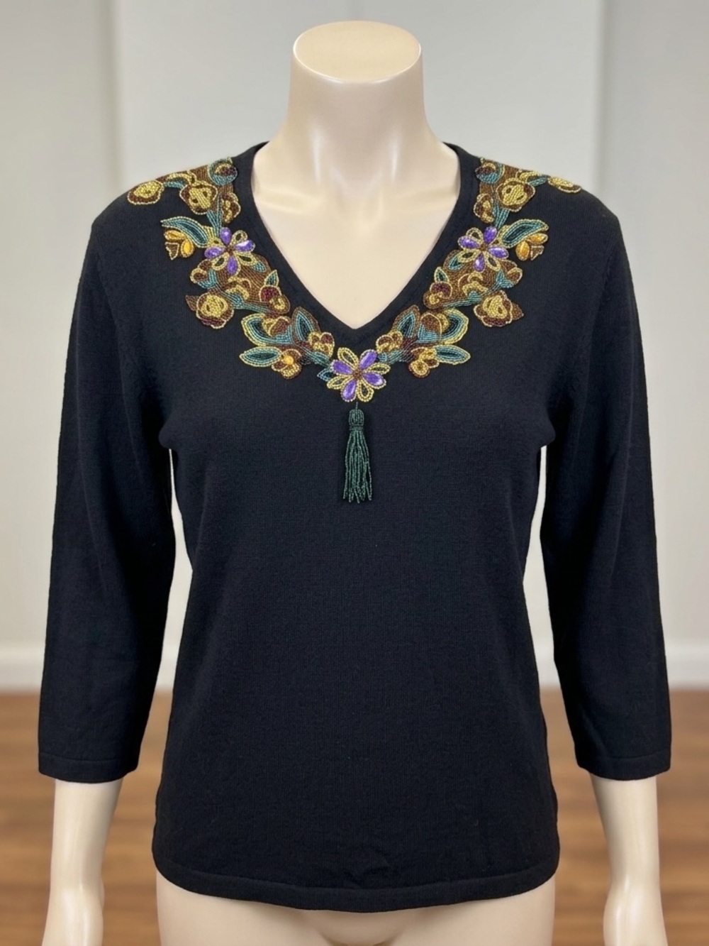 Carole Little Vintage Womens L Wool Sweater Black Beaded Floral V Neck Tassel